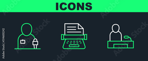 Set line Television report, Journalist news and Retro typewriter icon. Vector