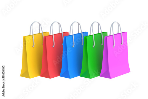 Row of colorful paper shopping bags isolated on white background. 3d render