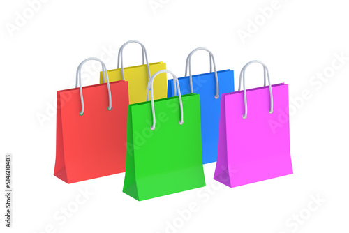Many paper shopping bags isolated on white background. Product discounts. Big sale. 3d render
