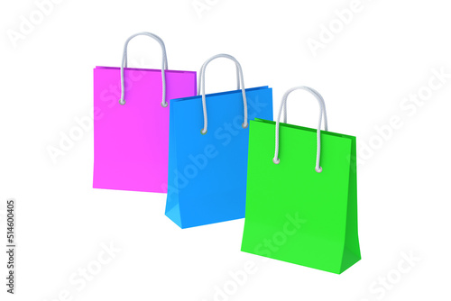 Various color paper shopping bags isolated on white background. Product discounts. Big sale. 3d render