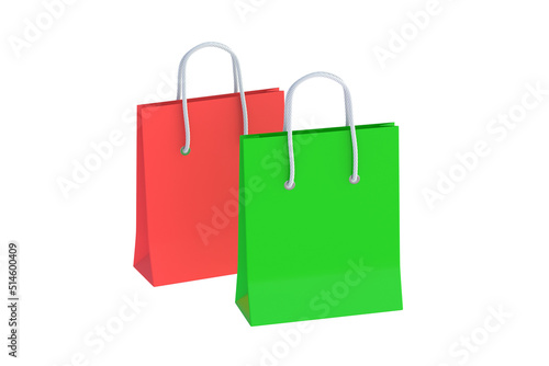Two paper shopping bags isolated on white background. Product discounts. Big sale. 3d render