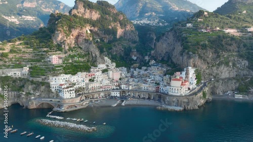 View from above, stunning aerial view of the village of Atrani. Atrani is a city and comune on the Amalfi Coast in the province of Salerno in the Campania region of south-western Italy