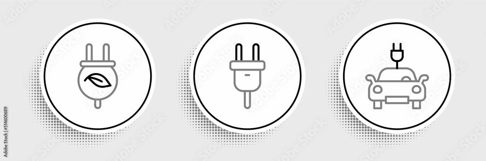Set line Electric car, saving plug in leaf and icon. Vector Set line Electric car, saving plug in leaf and icon. Vector