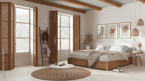 Wooden country bedroom in white tones. Mater bed with blanket. Windows with shutters and parquet floor, carpet and decors, beams ceiling. Interior design