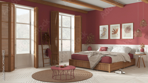 Wooden country bedroom in white and red tones. Mater bed with blanket. Windows with shutters and parquet floor, carpet and decors, beams ceiling. Interior design