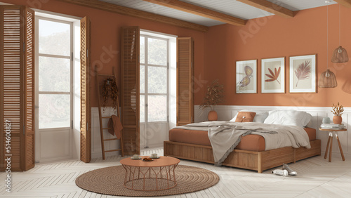 Wooden country bedroom in white and orange tones. Mater bed with blanket. Windows with shutters and parquet floor, carpet and decors, beams ceiling. Interior design