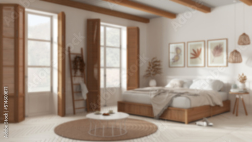 Blurred background  country bedroom . Mater bed with blanket. Windows with shutters and parquet floor  carpet and decors  beams ceiling. Interior design