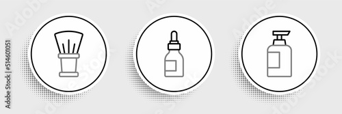 Set line Bottle of shampoo, Shaving brush and Oil bottle icon. Vector