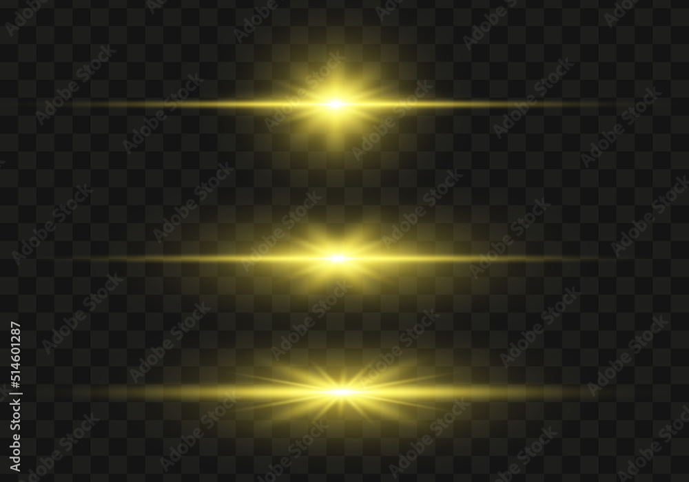 Set of bright yellow flashes, lights and sparks on a transparent background. Abstract flash with glowing line, sunrise, shining stars. Ray shining border. Vector illustration Set of bright yellow flashes, lights and sparks on a transparent background. Abstract flash with glowing line, sunrise, shining stars. Ray shining border. Vector illustration