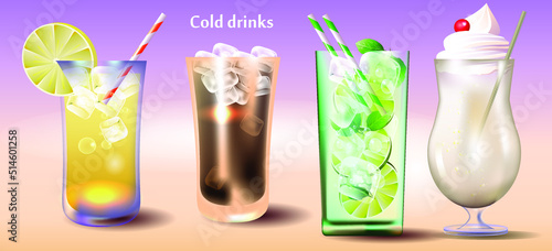 Popular summer drinks are cola and lemonade. Drinking glasses