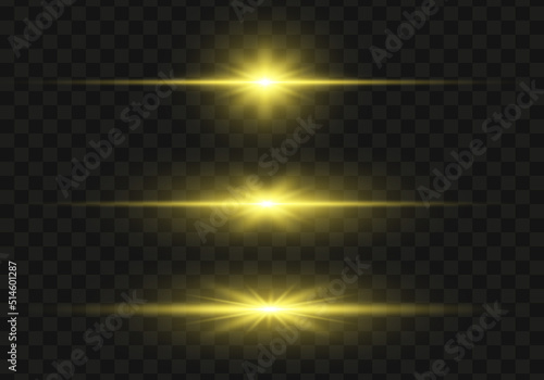 Set of bright yellow flashes, lights and sparks on a transparent background. Abstract flash with glowing line, sunrise, shining stars. Ray shining border. Vector illustration