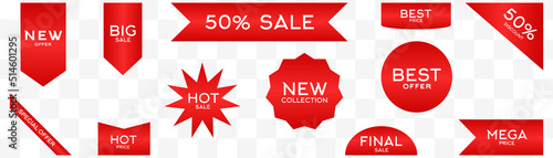 Set of Price tags. Discount red ribbons. Sale and shopping tags. Vector collection