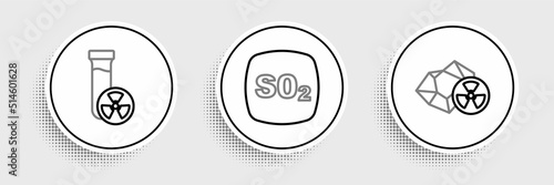 Set line Radioactive, Test tube with toxic liquid and Sulfur dioxide SO2 icon. Vector