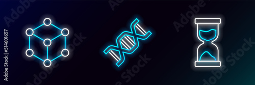 Set line Old hourglass, Molecule and DNA symbol icon. Glowing neon. Vector