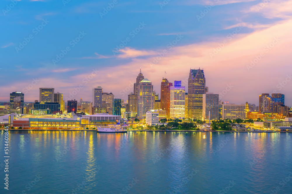 Detroit skyline in Michigan, cityscape of USA at sunset shot from Windsor, Ontario