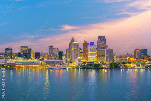 Detroit skyline in Michigan  cityscape of USA at sunset shot from Windsor  Ontario