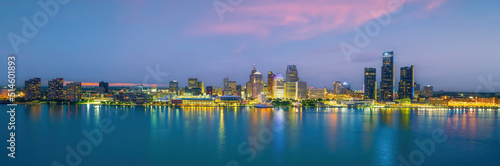 Detroit skyline in Michigan  cityscape of USA at sunset shot from Windsor  Ontario