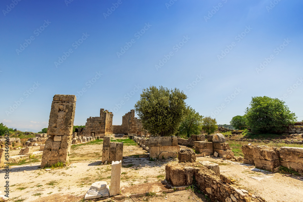 Ruins of ancient Byzantine basilica, the early-Roman Christian church, preserved in Perge, Antalya, Turkey.