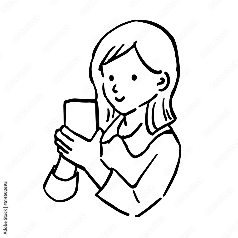 スマホを操作する女性のシンプル線画イラスト スマホを操作する女性のシンプル線画イラスト