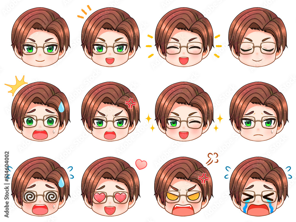 眼鏡男性ちびキャラの顔アイコン素材_茶髪 眼鏡男性ちびキャラの顔アイコン素材_茶髪