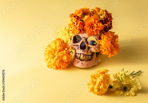 Fototapeta Naklejka Na Ścianę i Meble -  Skull and cempasuchil flowers or marygold. Day of the dead concept dia de los muertos
