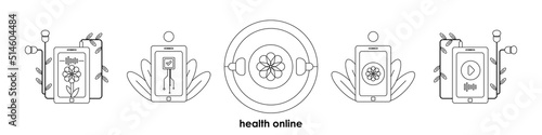 The concept of online psychology. Black and white icon with a picture of a phone and a flower, a heart and a play icon symbolizing mental health