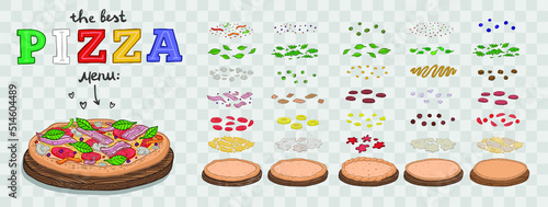 Pizza constructor set and toppings. Make or create your pizza. Vector illustration.