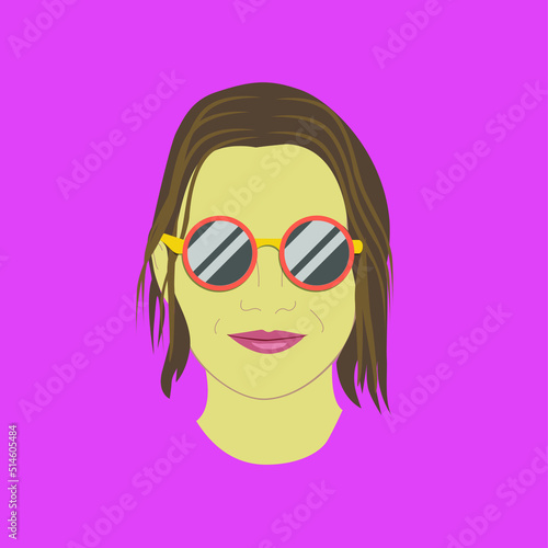 Retrato de Mujer con pelo liso marrón y gafas de sol naranja