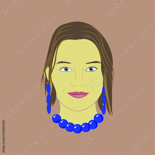 Retrato de Mujer con pelo liso marrón, pendientes largos azules y un collar de bolas grandes y azules