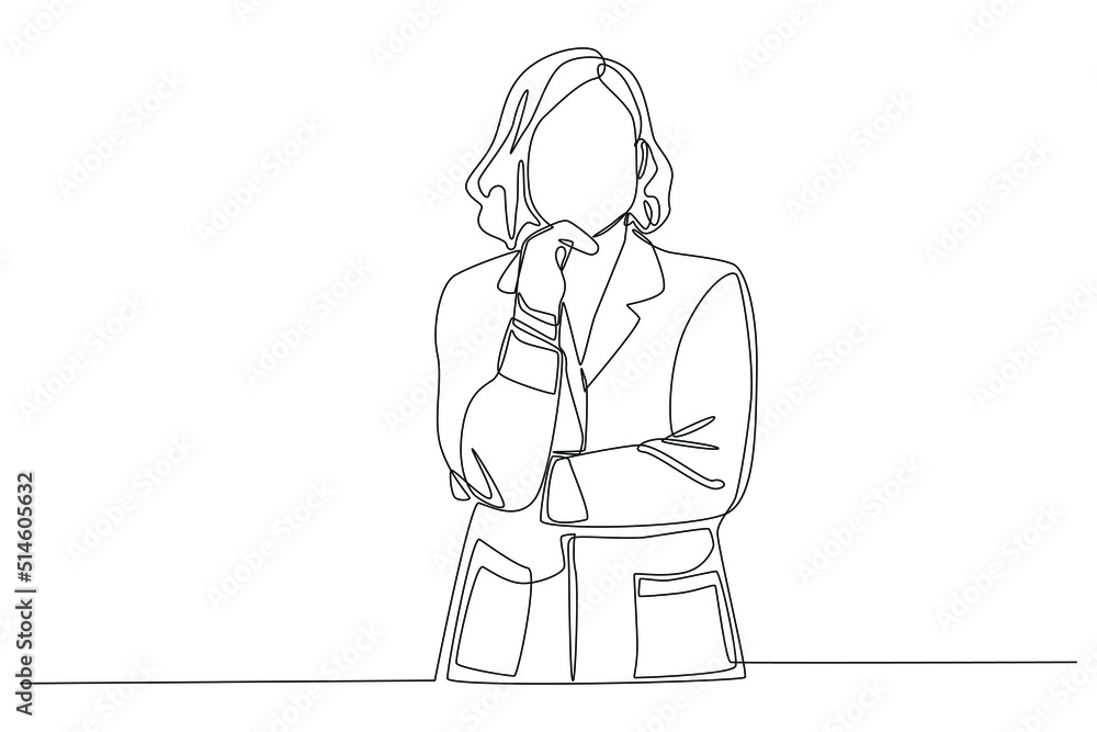 Continuous one line drawing professional confident young lady doctor with white coat. Scientist concept. Single line draw design vector graphic illustration.
