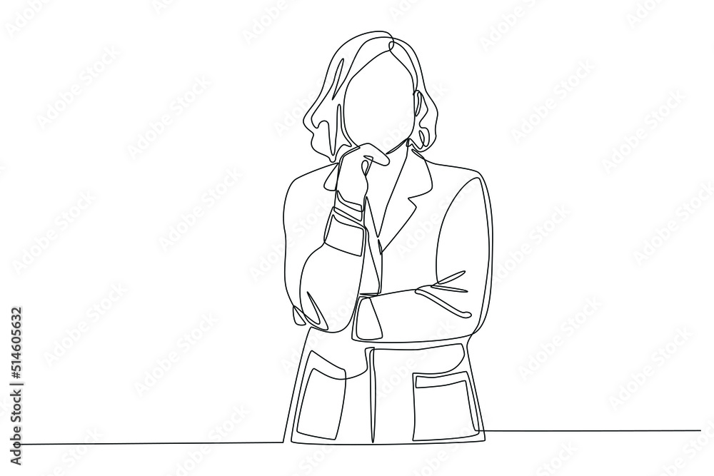 Continuous one line drawing professional confident young lady doctor with white coat. Scientist concept. Single line draw design vector graphic illustration. Continuous one line drawing professional confident young lady doctor with white coat. Scientist concept. Single line draw design vector graphic illustration.