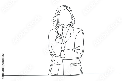 Continuous one line drawing professional confident young lady doctor with white coat. Scientist concept. Single line draw design vector graphic illustration.