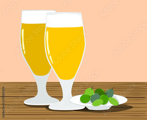 2 Copas de Cerveza y un Plato de Aceitunas sobre Tabla de Madera