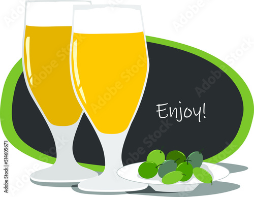 2 Copas de Cerveza y un plato de aceitunas con la frase Disfruta! 