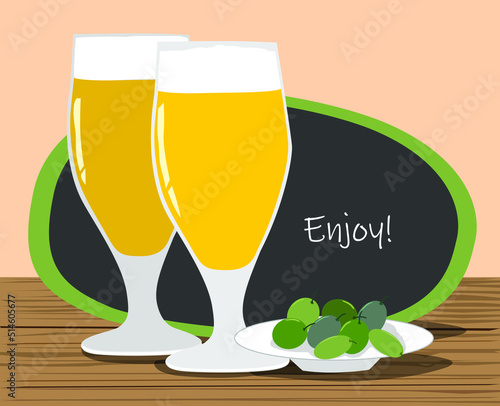2 Copas de Cerveza y un plato de aceitunas con la frase Disfruta! sobre tabla de madera
