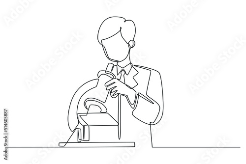 Continuous one line drawing Young scientist or researcher in protective workwear studying new virus in microscope. Scientist concept. Single line draw design vector graphic illustration.