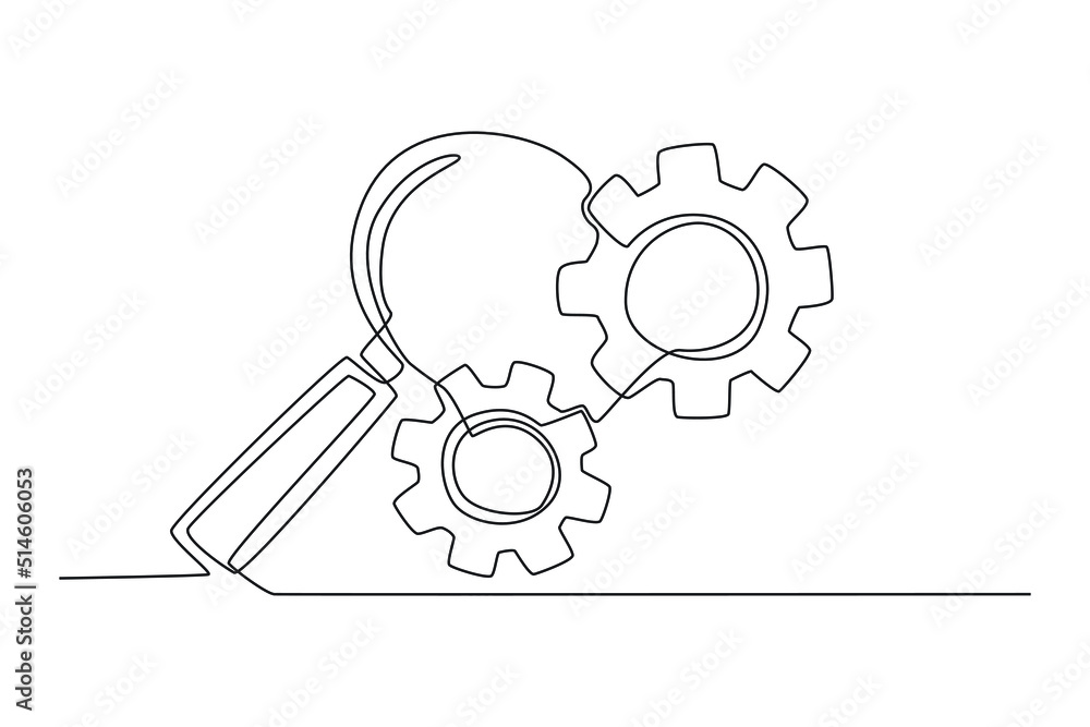 Continuous one line drawing businessman with magnifying glass checking cogwheel to make machine run good. Work flow concept. Work flow concept. Single line draw design vector graphic illustration. Continuous one line drawing businessman with magnifying glass checking cogwheel to make machine run good. Work flow concept. Work flow concept. Single line draw design vector graphic illustration.