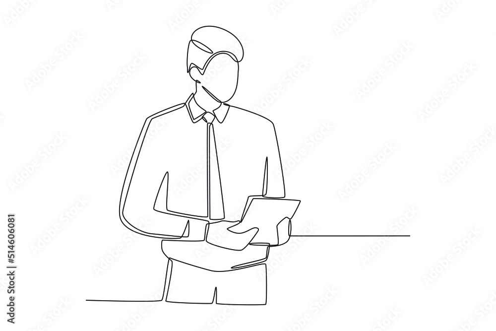 Continuous one line drawing Businessman in formal uniform holding and checking workflow records. Work flow concept. Single line draw design vector graphic illustration.