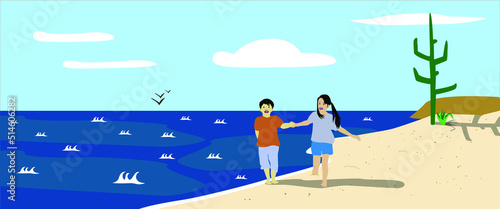Niño y niña caminando en la playa