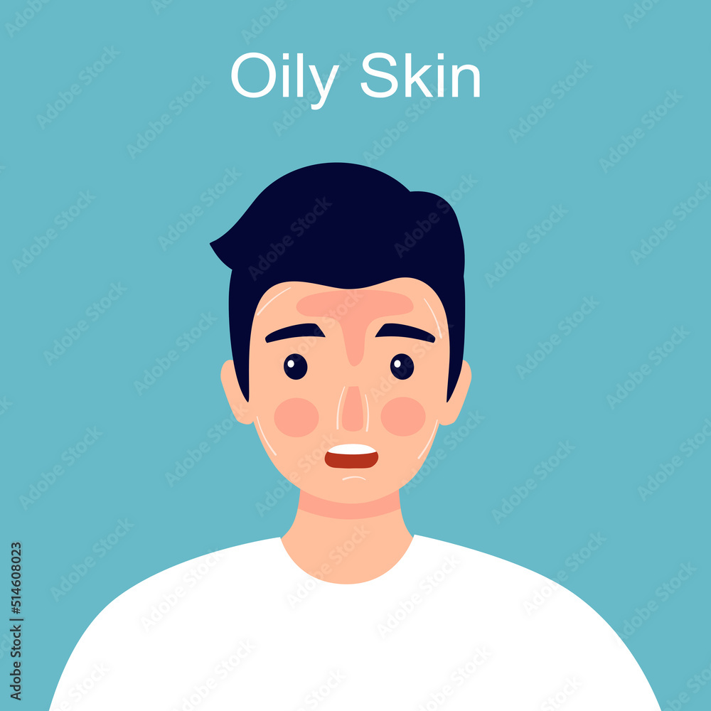 Man with oily skin face in flat design. Skin problem.