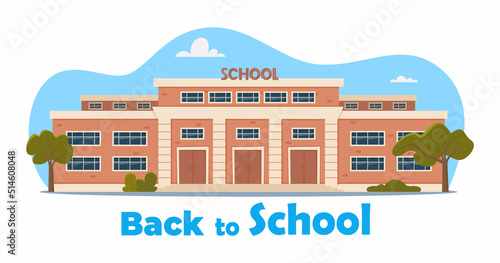 Fototapeta Naklejka Na Ścianę i Meble -  Modern School Building Exterior. Welcome Back To School. Educational architecture, facade of high school building with large windows. Design for flyer, banner, card. Vector illustration.