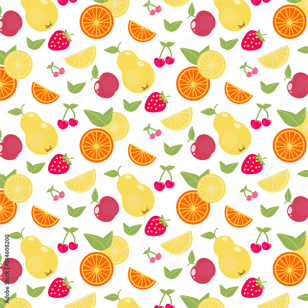 Seamless bright color pattern with fresh fruit. Summer berries, fruits, leaves. Kitchen design, spring cover, tropical wallpaper texture, backdrop, wedding invitation, wallpaper of children's room Seamless bright color pattern with fresh fruit. Summer berries, fruits, leaves. Kitchen design, spring cover, tropical wallpaper texture, backdrop, wedding invitation, wallpaper of children's room