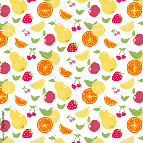 Seamless bright color pattern with fresh fruit. Summer berries  fruits  leaves. Kitchen design  spring cover  tropical wallpaper texture  backdrop  wedding invitation  wallpaper of children s room