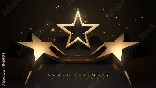 Award ceremony background with podium and 3d gold star element and glitter light effect decoration.