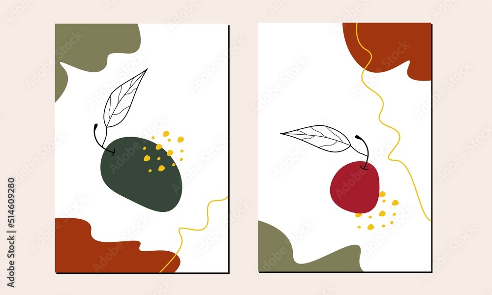 Set of two fruits wall art. Collection of mango and tomato wall decor. Minimal line art fruits wall decorations. Can use for wallpapers, poster and background.