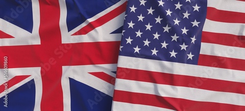 United Kingdom and USA flags. Linen flag close-up. Flag made of canvas. Great Britain. London. United States of America. National symbols. 3d illustration.