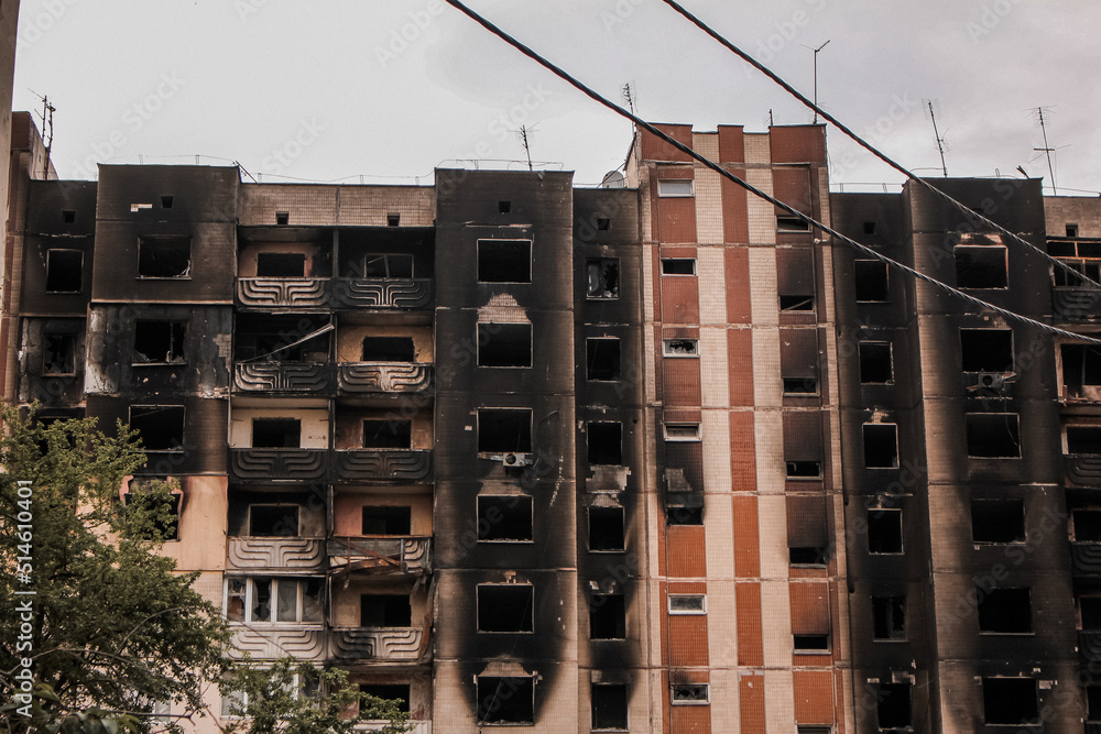 Irpin, Kyiv Oblast, Ukraine. Cities of Ukraine after the Russian occupation. destroyed civilian building in city of Irpin, northwest of Kyiv.