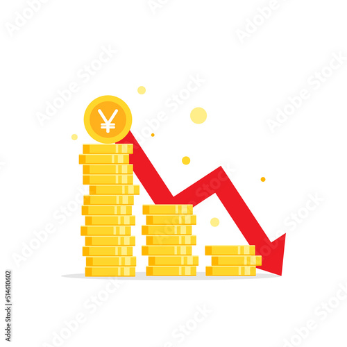 golden yen coins stack and down arrow. Economy, finance, money symbol. Currency pictogram. Vector illustration. decrease, fall symbol.
