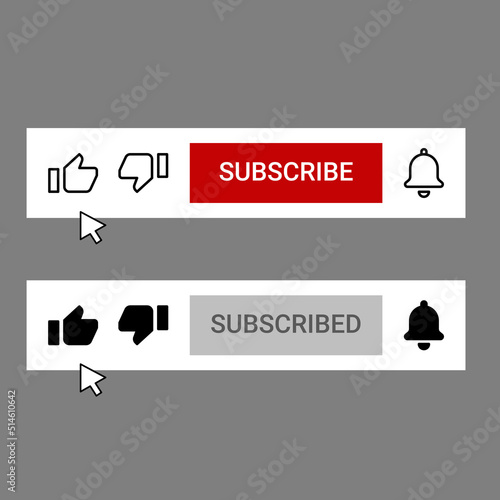 Youtube subscribe button like, dislike and bell notification icons in line and filled style
