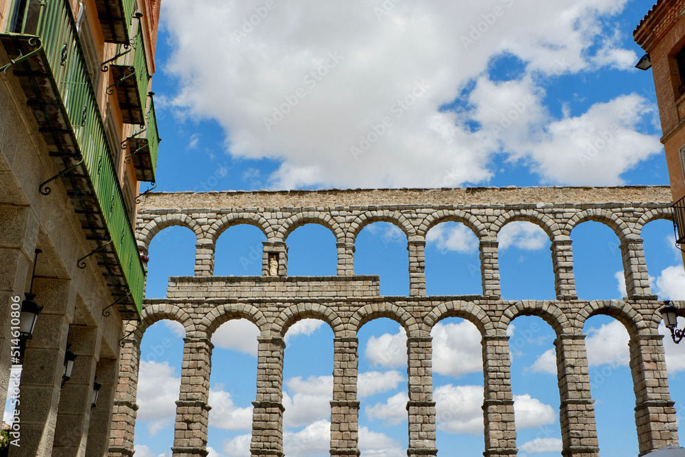 View on the ancient structure of aquaduct from the street of old town of Segovia, Spain